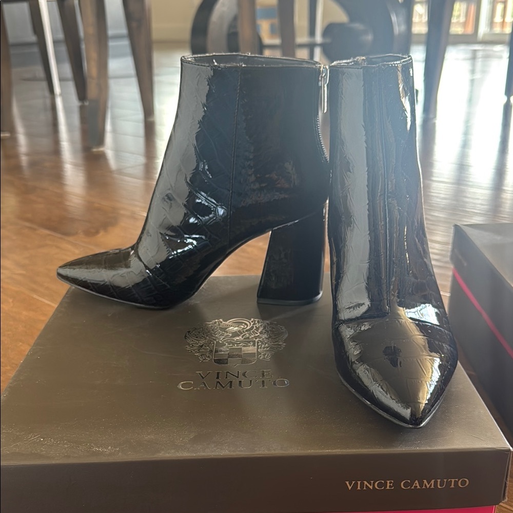 Vince Camuto Black Patent Leather Ankle Boots for Women